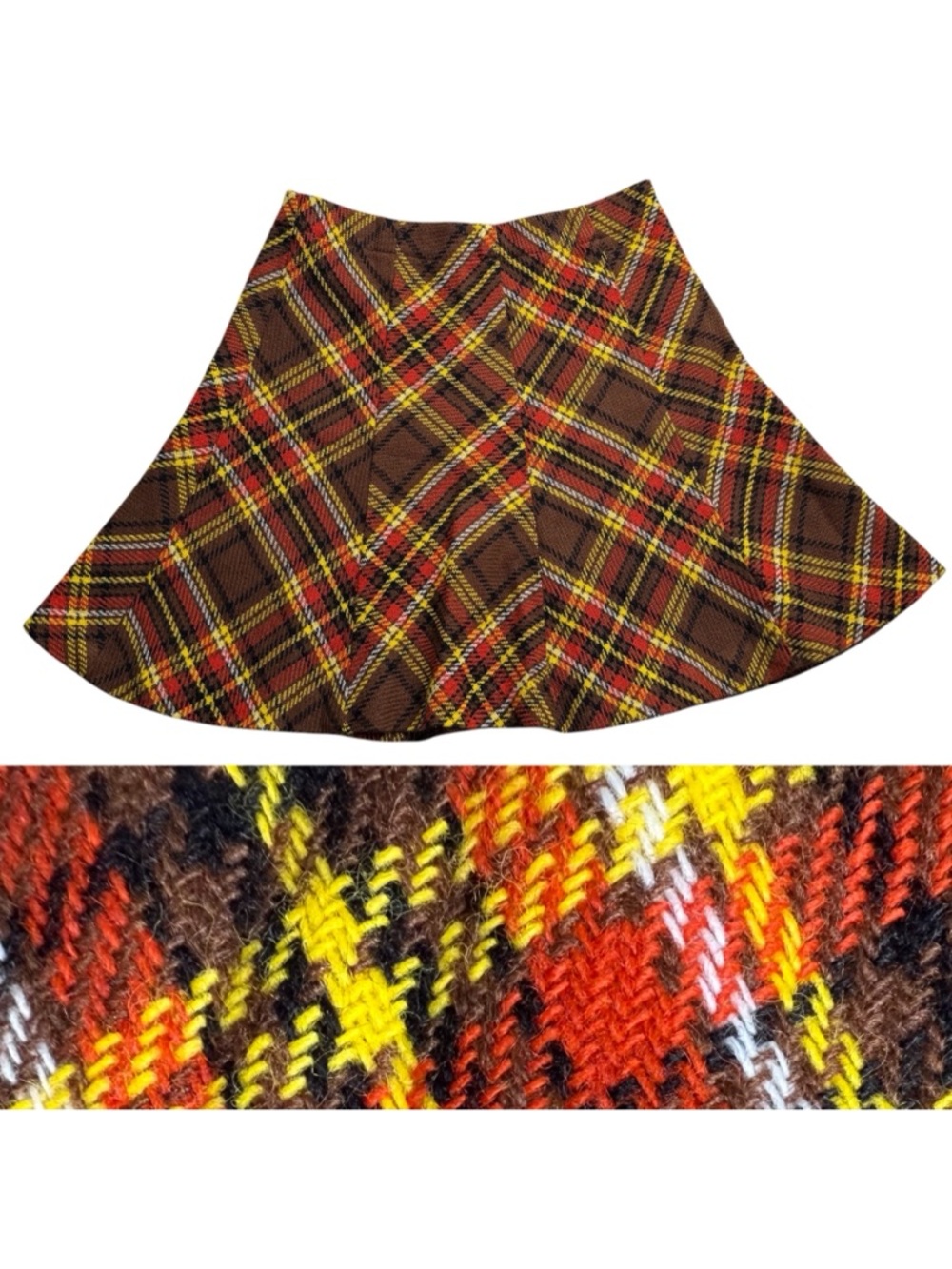 True Vintage 70s Brown Orange Yellow Plaid Mini High Waist Fit Flare Skirt
